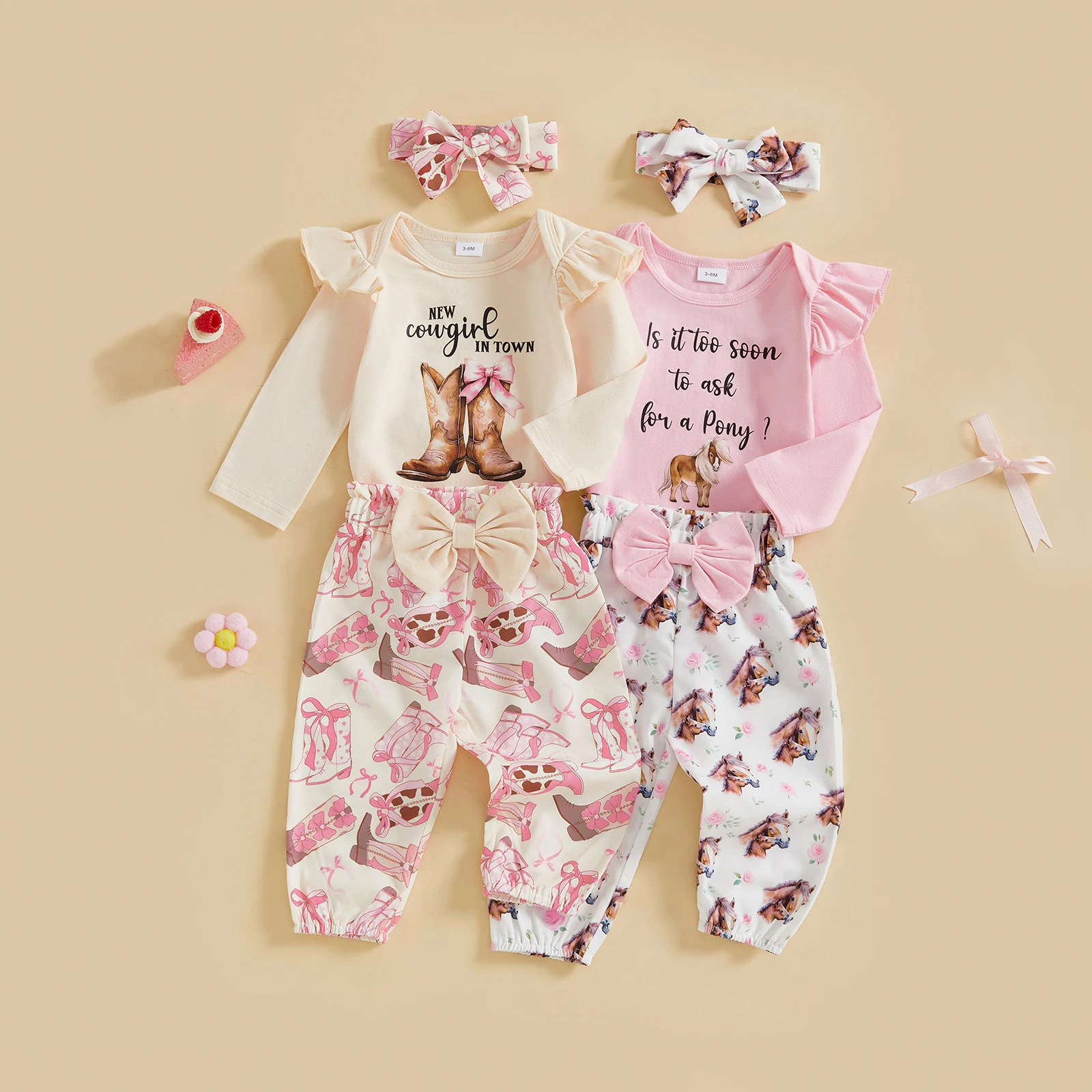 

Baby Girls 3PCS Pants Sets Long Sleeve Letter Print Romper Horse/Boots Print Pants Headband Sets