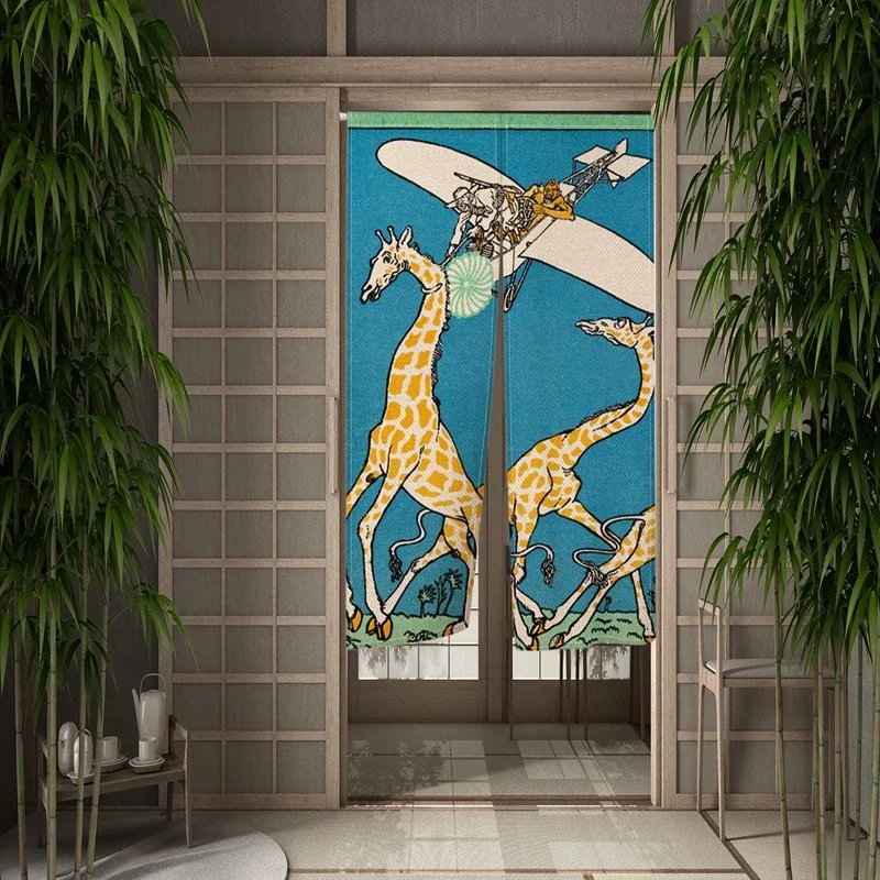Japanese Anime Giraffe Door Curtain Kitchen Door Curtain Cartoon Partition Curtains Drapes Entrance Decor Hanging Half-Curtains