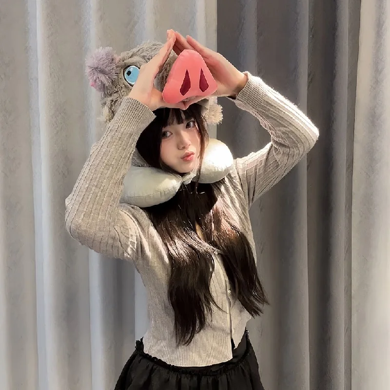 Demon Slayer - Gorro con cabeza de jabalí de Hashibira Inosuke, gorro cálido de cosplay de anime, gorro de invierno para niños y niñas, regalo