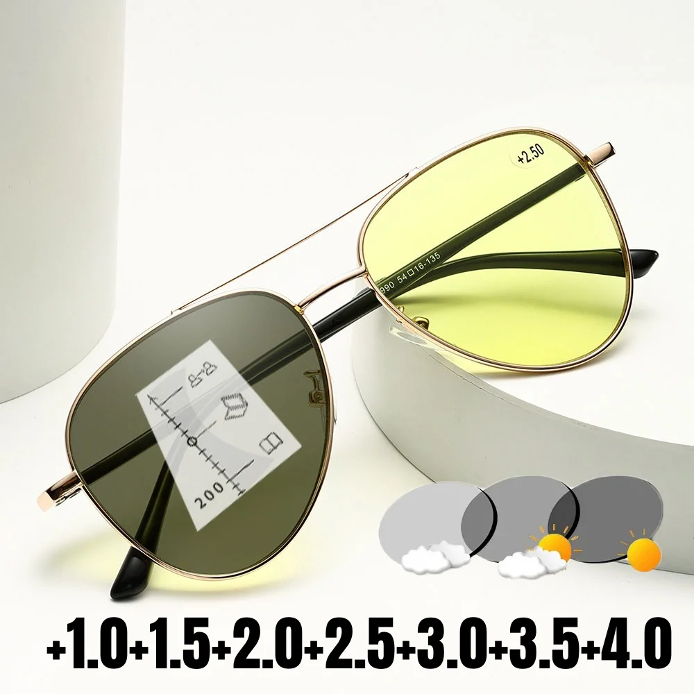 Men's Photochromic Reading Glasses Unisex Women Trendy Night Vision Multifocal Eyeglasses Luxury Oversized Presbyopia Glasses