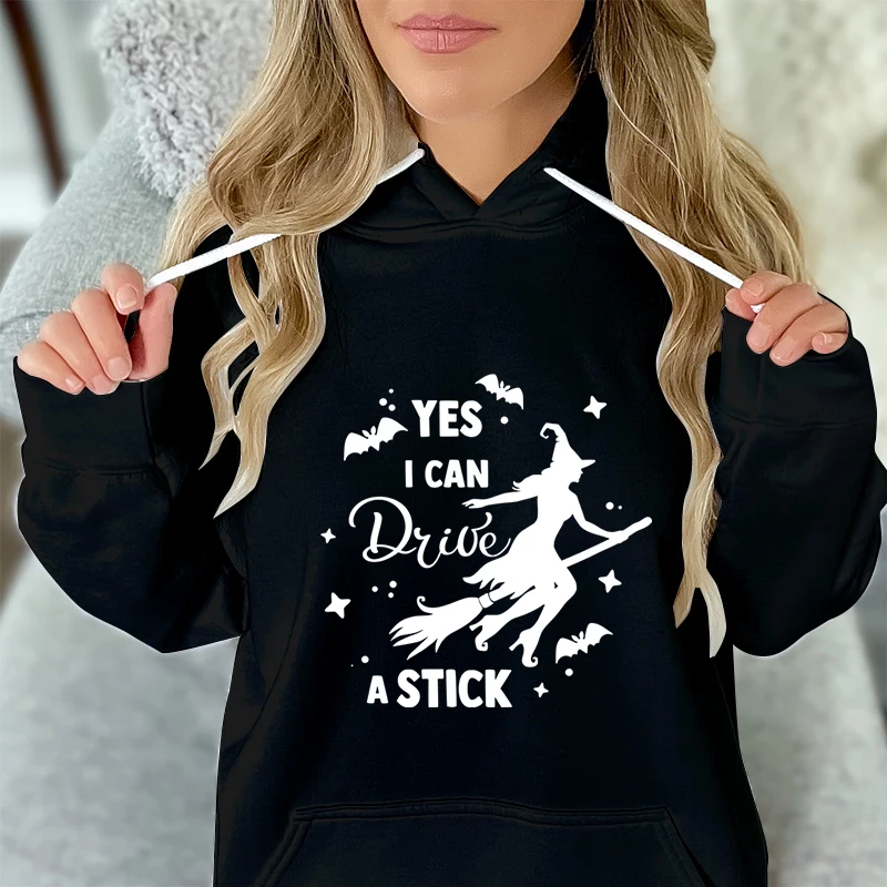 Fashion Women Sweatshirt Hoodie Halloween Witchy I Can Drive A Stick Hoodies Women Halloween Vintage Retro Witch Pullover Hoodie