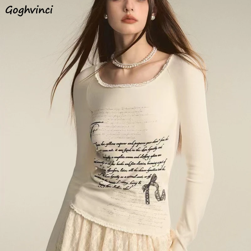 Y2k T-shirts Women Letter Printing Lace Long Sleeve Spring High Street American Style Retro Spicy Girls Slim Tops Chic Instagram