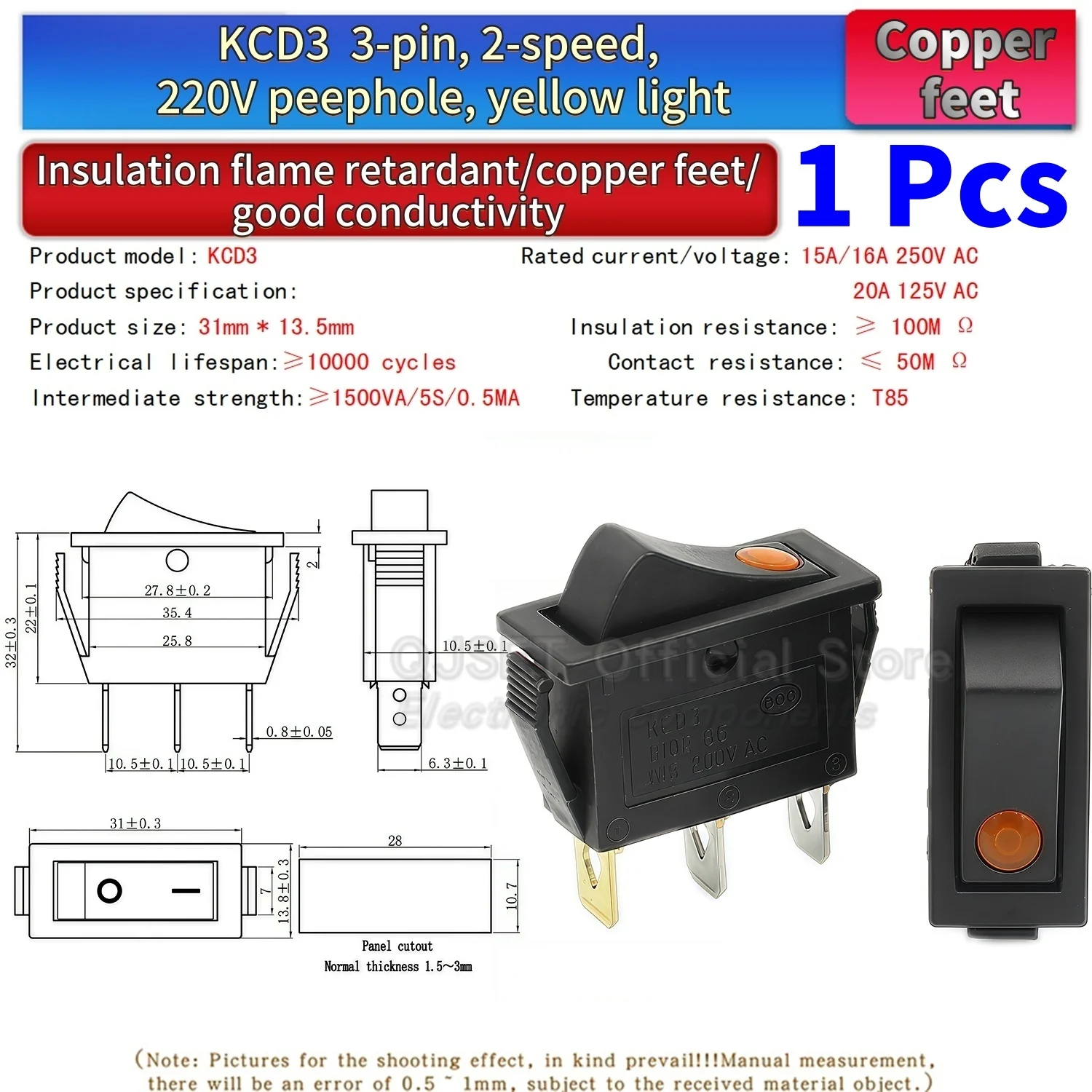 1 Stück KCD3 Wippschalter EIN-AUS-EIN 2 3 Positionen 2 3 Pins Elektrische Ausrüstung Mit Lichtschalter 15A16A 250V/220V 20A 125V AC – Detail 19