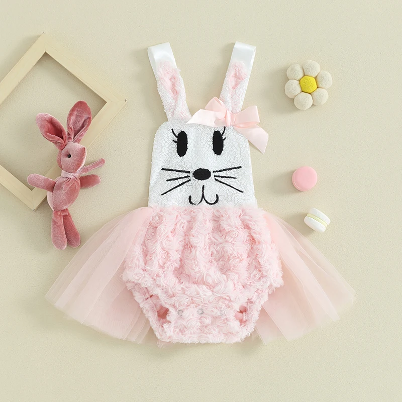 Baby Girl Easter Dress Jumpsuit Sleeveless Bunny Pattern Tulle Patchwork Fuzzy Romper