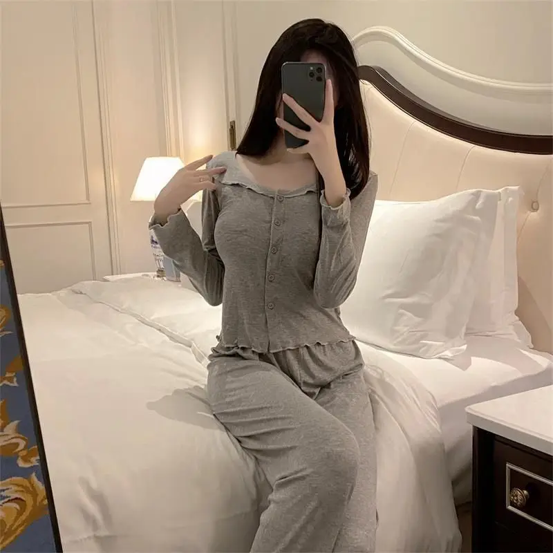 Spring and Autumn Solid Color Online Celebrity Style Thin Long Sleeve Can Be Worn Outside A Loungewear Set Pajamas Female