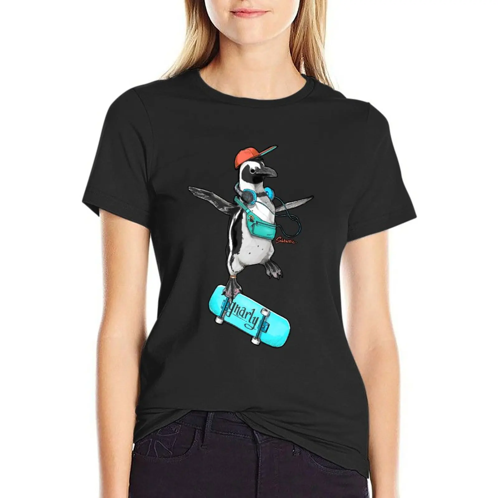 Gnarly Skater Penguin T-Shirt Female clothing cute tops anime clothes summer blouses woman 2024