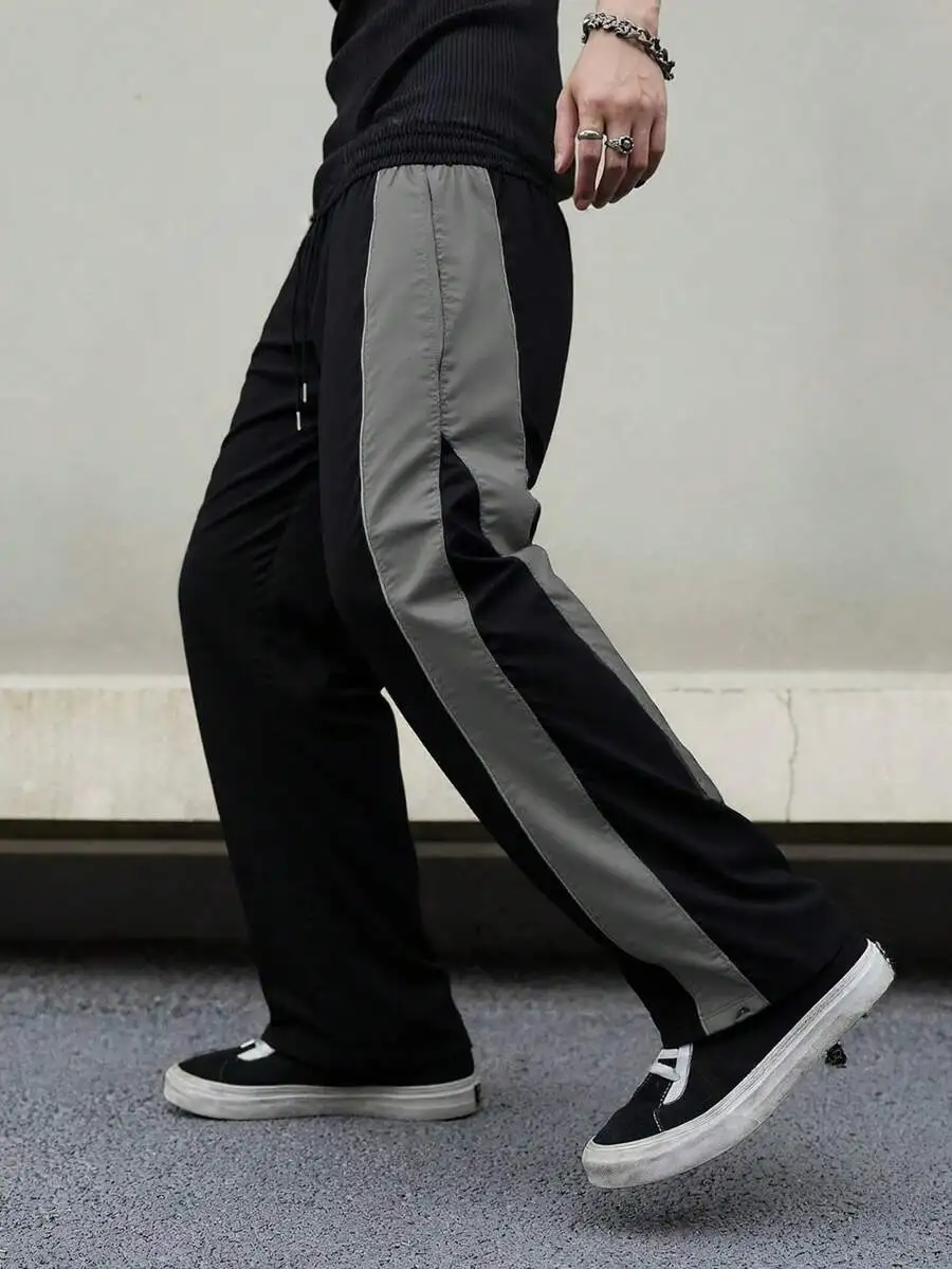 

Mens Loose Fit Ankle-Length Nylon Sweatpants With Side Grey Panels, Drawstring Waist, Topstitching, Streetwear Casual All-Season
