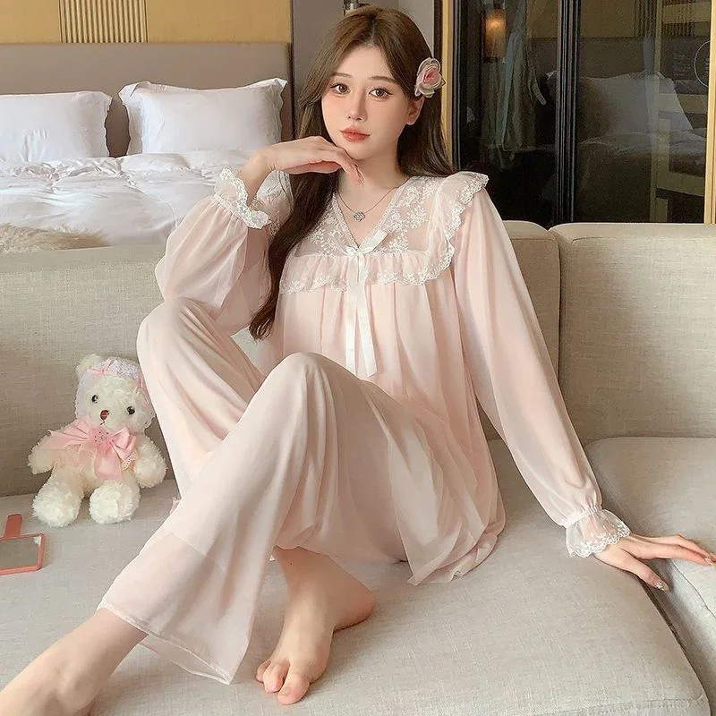 

2025 Autumn Long Sleeve Sexy Lace V-neck Cotton Pajama Sets for Women Korean Cute Sleepwear Suit Pyjama Homewear Home Clothes