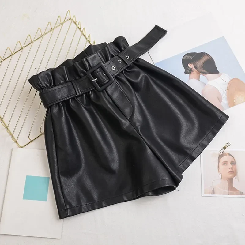 Women Chic Fashion Faux Leather Shorts Vintage High Waist Female Shorts All-Match Solid Color Loose Casual Pants