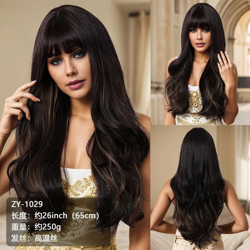 

Европейский и американский стиль: полный парик для женщин, крупные волны, центральная часть, длинный челка, длинные кудрявые волосы, градиентный синтетический парик