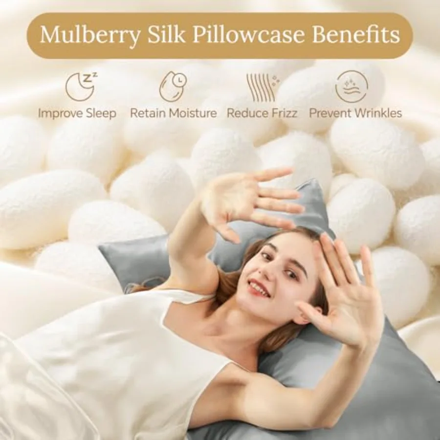 طقم كيس وسادة من حرير التوت بحجم كوين مكون من قطعتين مع سحاب مخفي للعناية بالشعر والبشرة، قماش تبريد فائق النعومة والناعمة