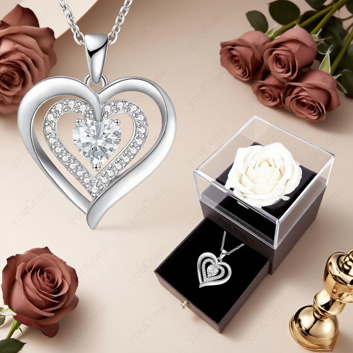 الزركون القلب قلادة قلادة مع صندوق القوس الورد 2025 مجموعة مجوهرات جديدة لصديقة الأم عيد الميلاد الذكرى هدية عيد الحب
