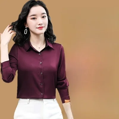 

Authentic Silk Women's irt Spring Autumn New Sle Silk Drapey Top Slim Fit Long Sve Collar Button down