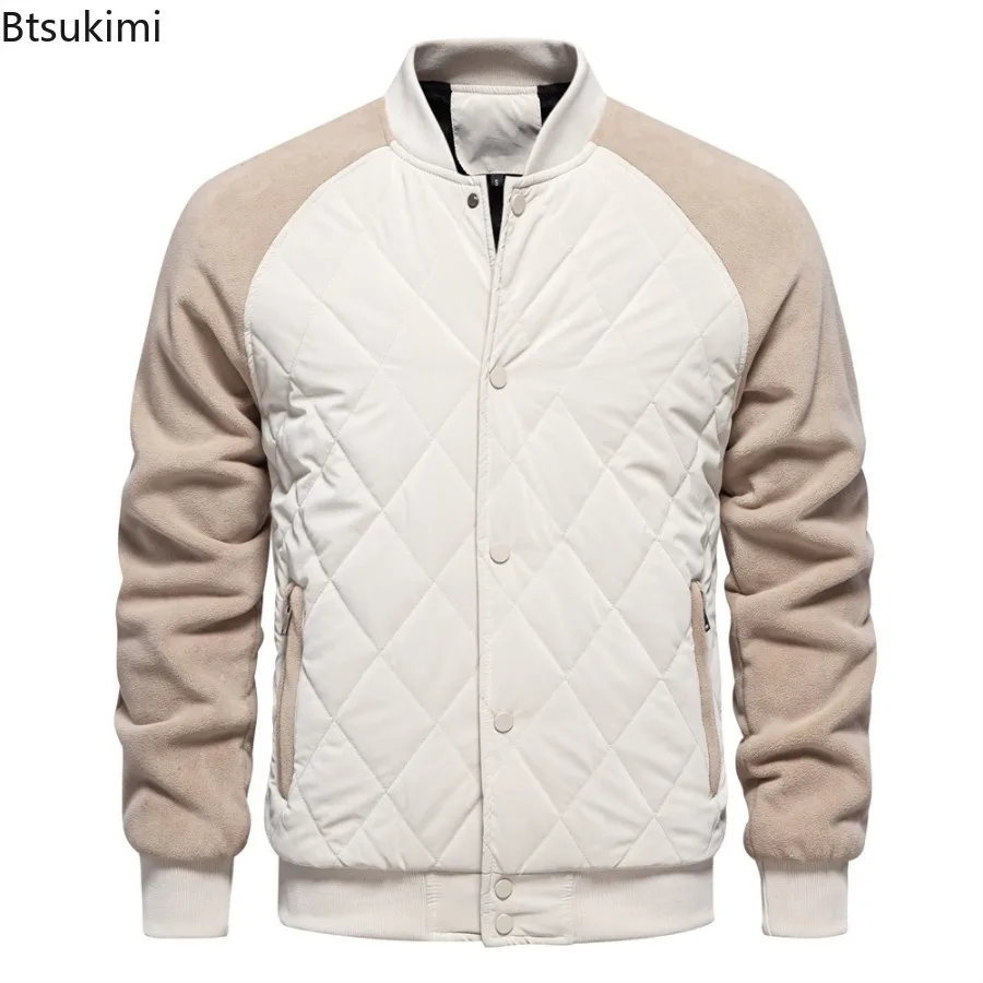 Men's Autumn Winter Thickened Fleece Lined Bomber Jackets Fashion Patchwork Stand Collar Warm Casual Coats Male Baseball Jackets