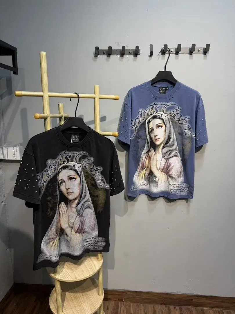 Oversized Washed Saint Global T Shirt Men Hip Hop Streetwear Rhinestone Tee Religious Bible Graphic Short Sleeve Cotton Tees