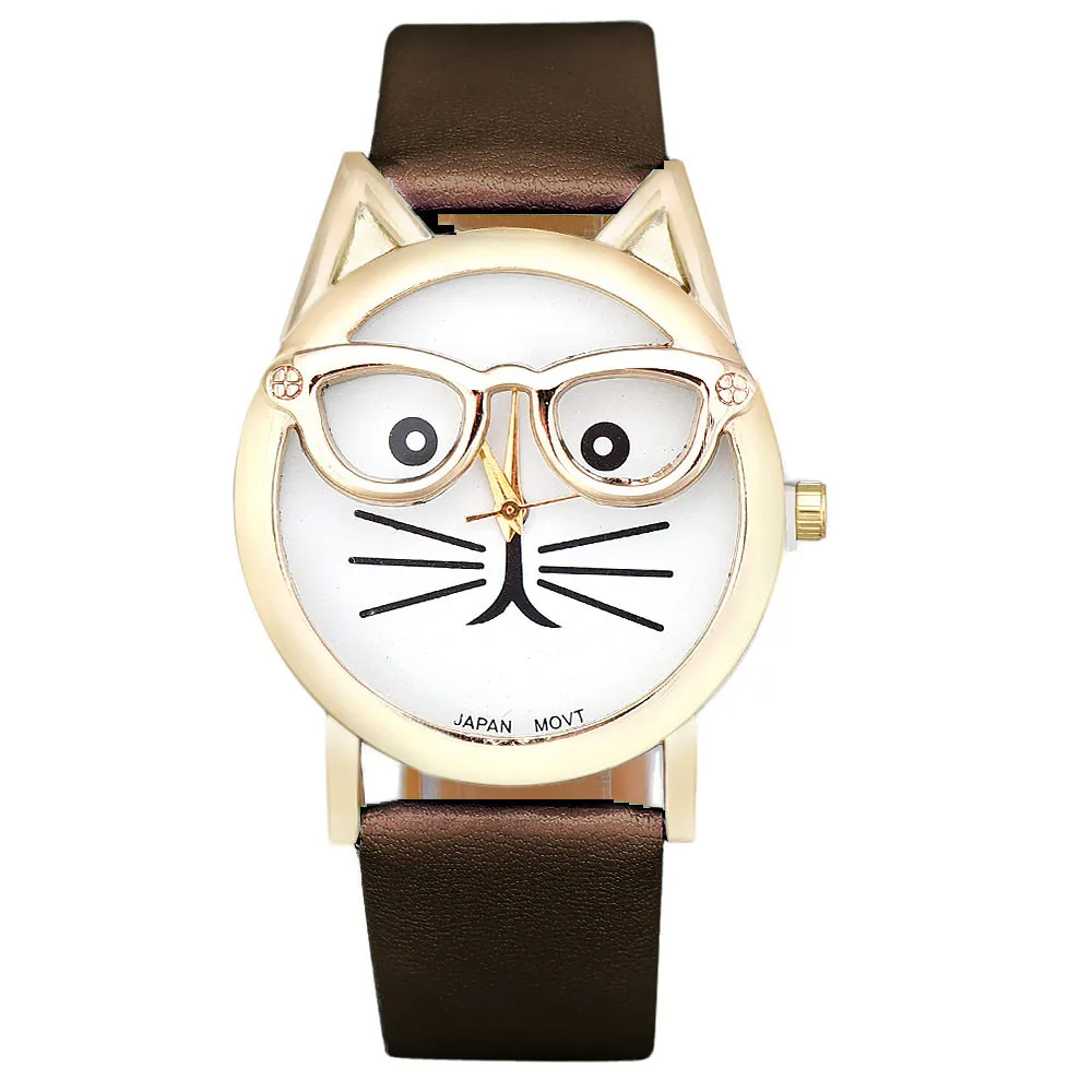 Relojes de cuarzo con correa de cuero para Mujer y niña, relojes de pulsera informales con diseño de gato y gafas bonitas, a la moda