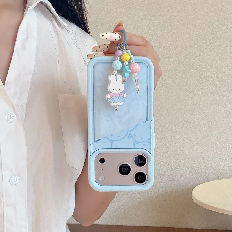 Fashion Line Miffy Rabbit Card Slot Phone Case For iPhone 17 Pro 16 15 Pro Max Cover with Pendant Korean Cartoon Protective Case