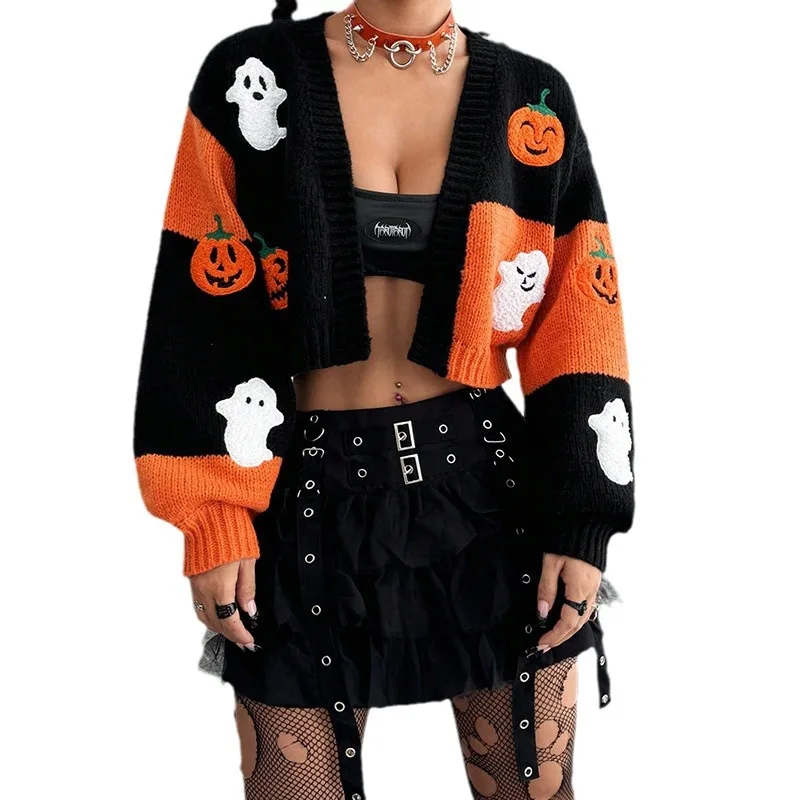 Halloween Sweater Ghost Pumpkin Pattern Cardigan Personality Street Hip Hop Crop Coat Girl Socialite Party Women Autumn Jacket