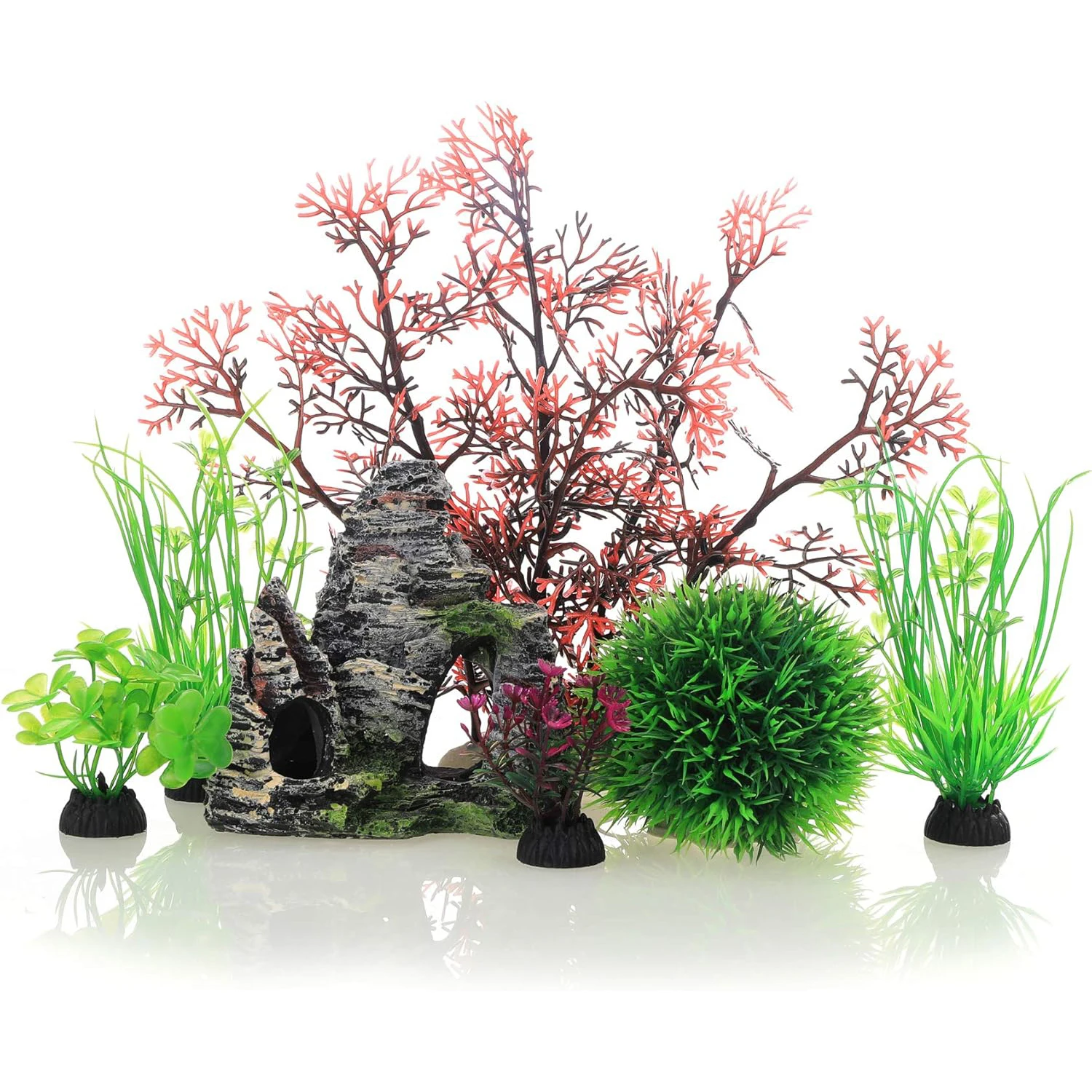 7-teiliges Dekorationsset für Aquarien, Kunststoffpflanzen und Höhlengestein, Dekor-Set, 7-teilig, kleine und große künstliche Aquarienpflanzen