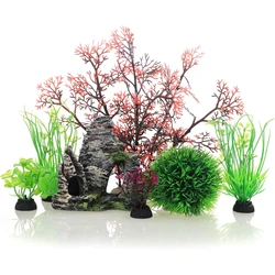 7PCS Aquarium Fish Tank Plastic Plants and Cave Rock Decorations Decor Set 7 Pieces, Small and Large Artificial Fish Tank Plants
