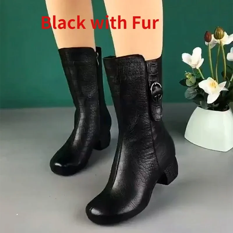 Cowboy Boots for Women High-top Faux Leather Winter Shoes Retro Womens Boots Heeled Ankle Boot Western Warm Plush Botas De Mujer