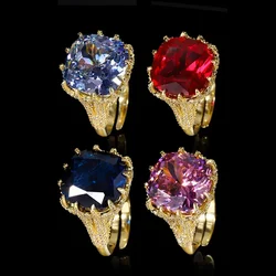 Adjustable Gold Plated Ring Ellipse Prong Setting with Red and Blue Cubic Zirconia Luxury Cocktail Party Jewelry Wedding Gift