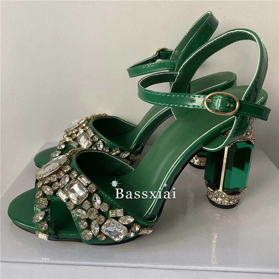 Luxury Sewing Diamond Rhinestone Sandals Women Jeweled Crystal High Heel Ankle Strap Banquet Shoes Summer