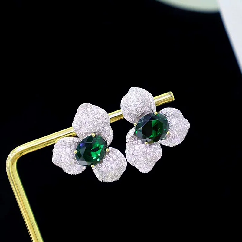 ZOCA Handmade 925 Sterling Silver Luxury Green Zircon Earrings Three Petal Flower Earrings Boutique Jewelry Women's Party Gifts