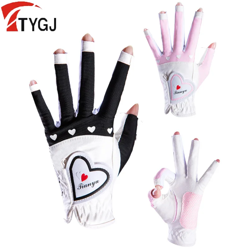 

TTYGJ Summer 1 Pair Women Open Finger Golf Mitten Ladies Hook & Loop Golf Gloves Anti-skid Particles Gloves Palm Protection