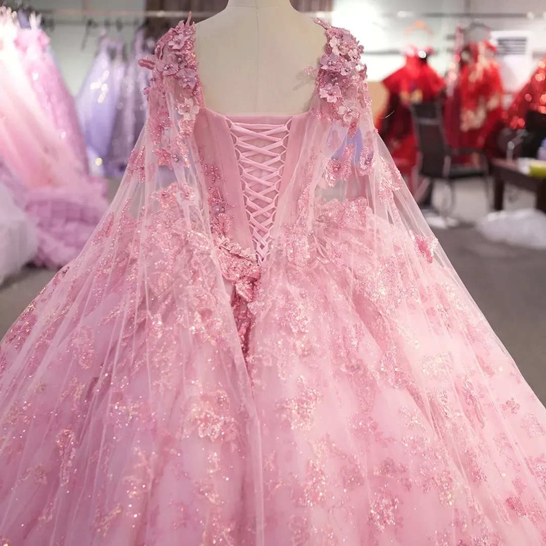 Brilhante rosa vestido de baile bonito miçangas querida fora do ombro quinceanera capa vestido rendas até princesa com vestidos de 15 anos