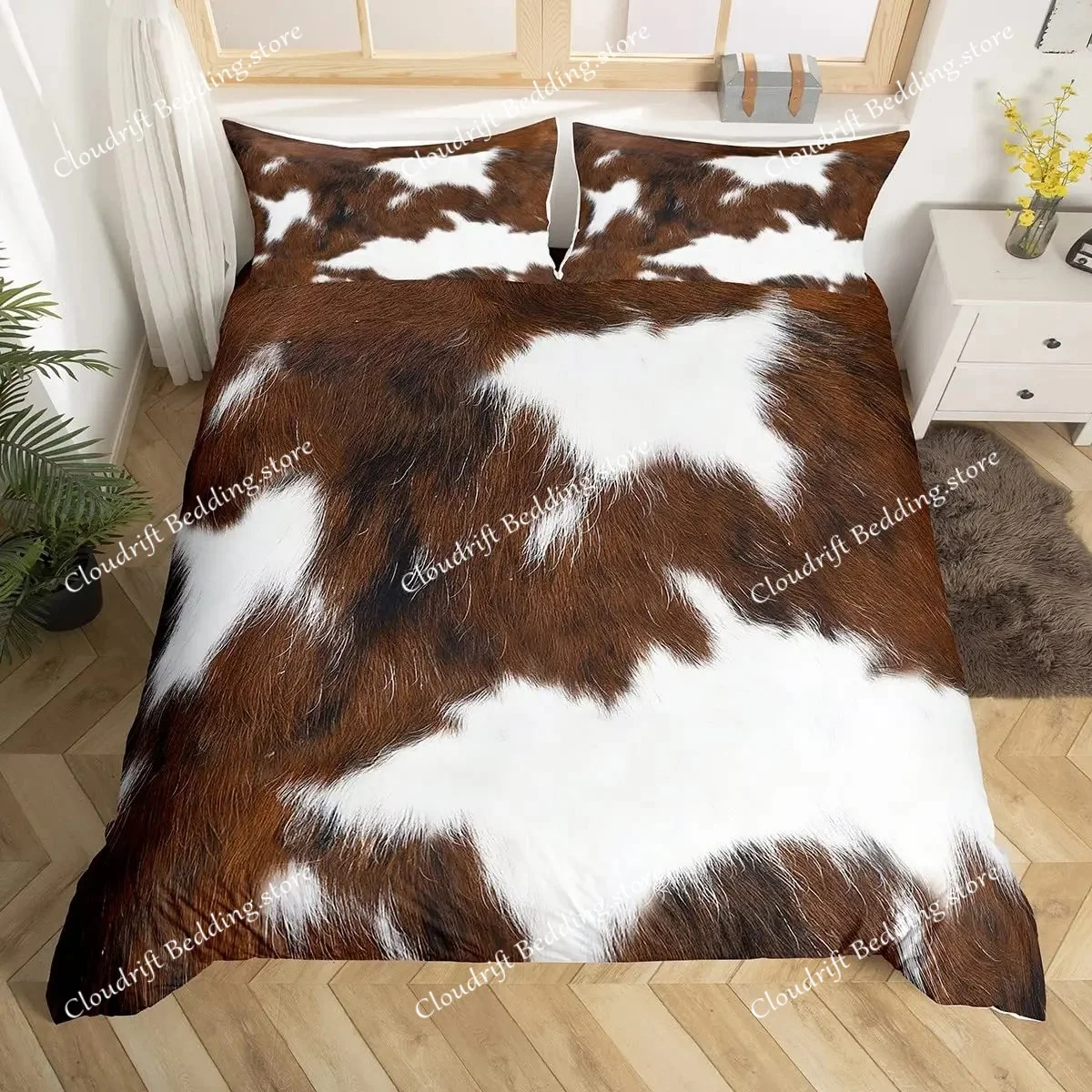 

Brown Cowhide Pattern Duvet Cover Set Cow Print Bedding Set Farmhouse Animal Fur Hair Polyester Comforter Cover With Pillowcase