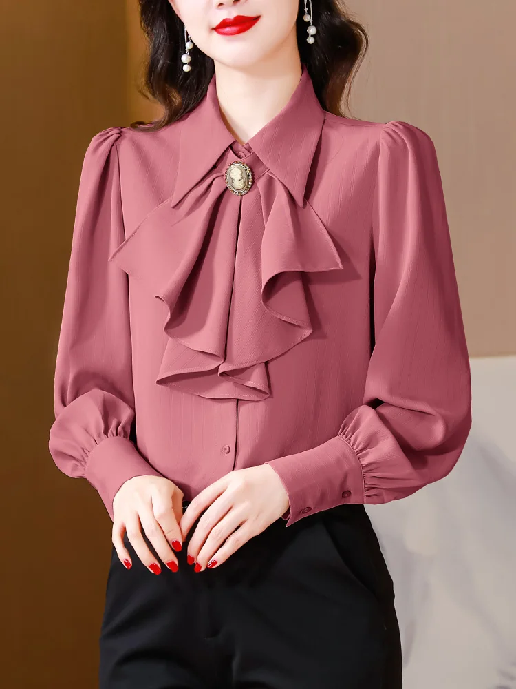 Elegant Fashion Ribbon Bowknot OL Tops 2024 Spring Long Sleeved Chiffon Shirt Single-breasted Women Blouse