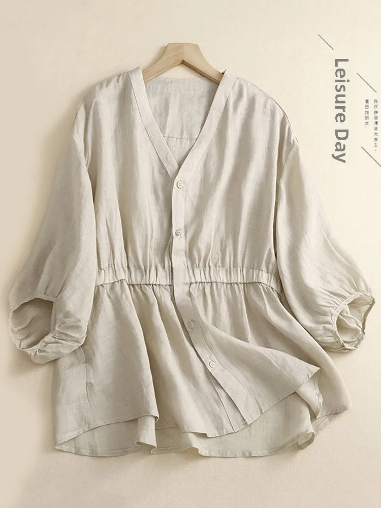 

V-Ne Чистый цвет, хлопок и лен f Sve irt, женский повседневный свободный топ больших размеров, утягивающий дизайн талии, открытый кардиган