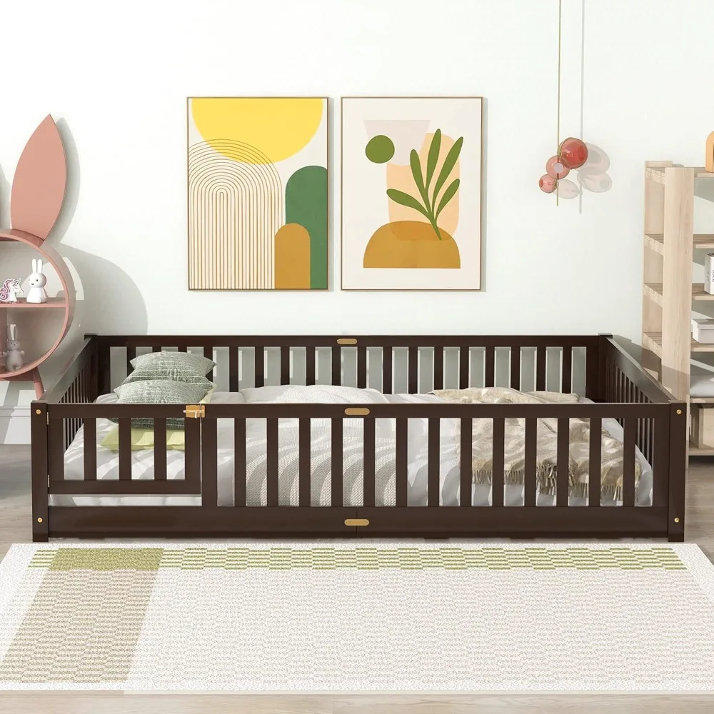 

Children Beds/Sturdy Wood Montessori Bed Frame with Wood Slats, High Fence & Small Door, Montessori Floor Bed for Girls and Boys