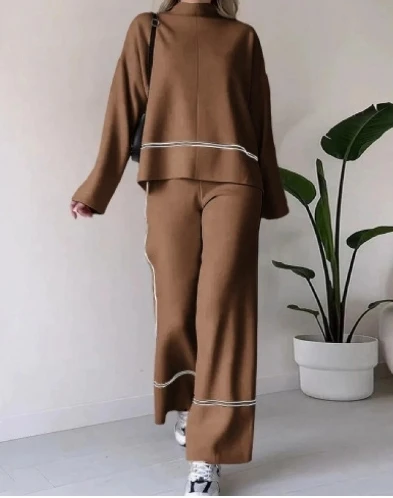 Elegant Two Piece Set for Women Winter Casual Daily Side Seam Line O-Neck Long Sleeve Hoodie Loose High Waist Wide Leg Pants Set