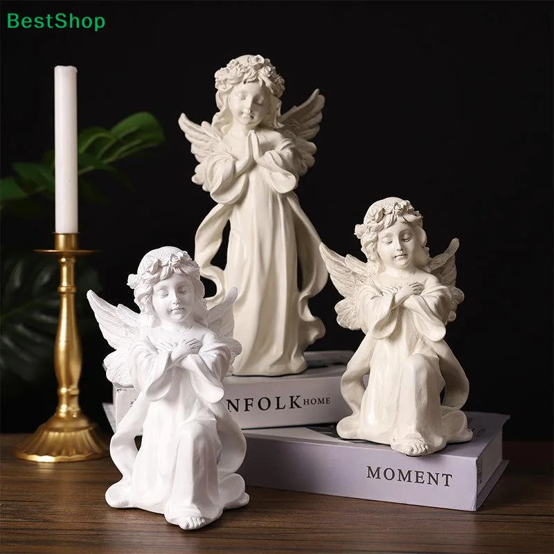 White Resin Praying Angel Figurines With Delicate Wings Floral Crown For Home Desktop Shelf Decor