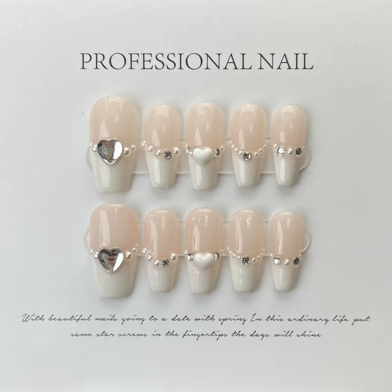 

10pcs Coffin Handmade Press on Nail Elegant Creamy white with heart-shaped diamonds and pearls Wearable Artificial False Nail