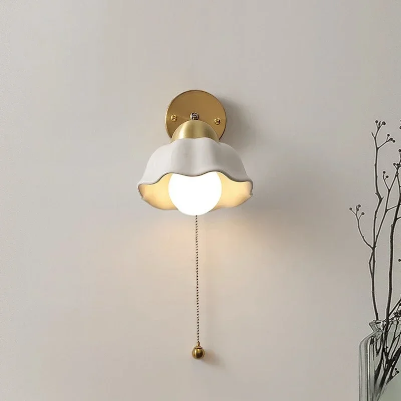 

Ceramic Wall Lamp Led European Simple Bedside Lamps Modern Living Room Study Pull Rope Iron Art Wall Lighting Yard Light