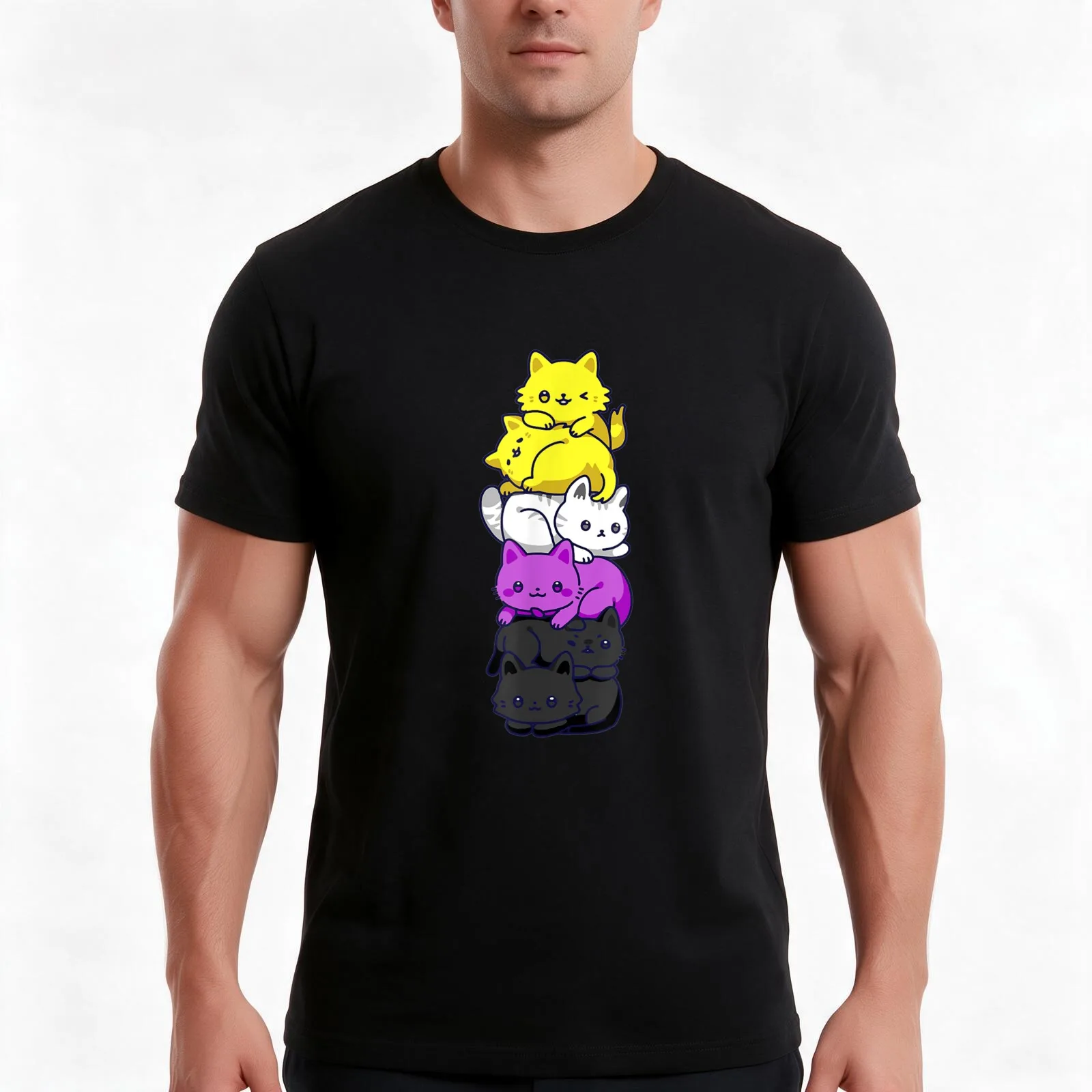 Nonbinary Pride Cat LGBT Non Binary Flag Cute Cats Pile T-Shirt, Summer Casual Cotton Tee, Oversized Streetwear Tops