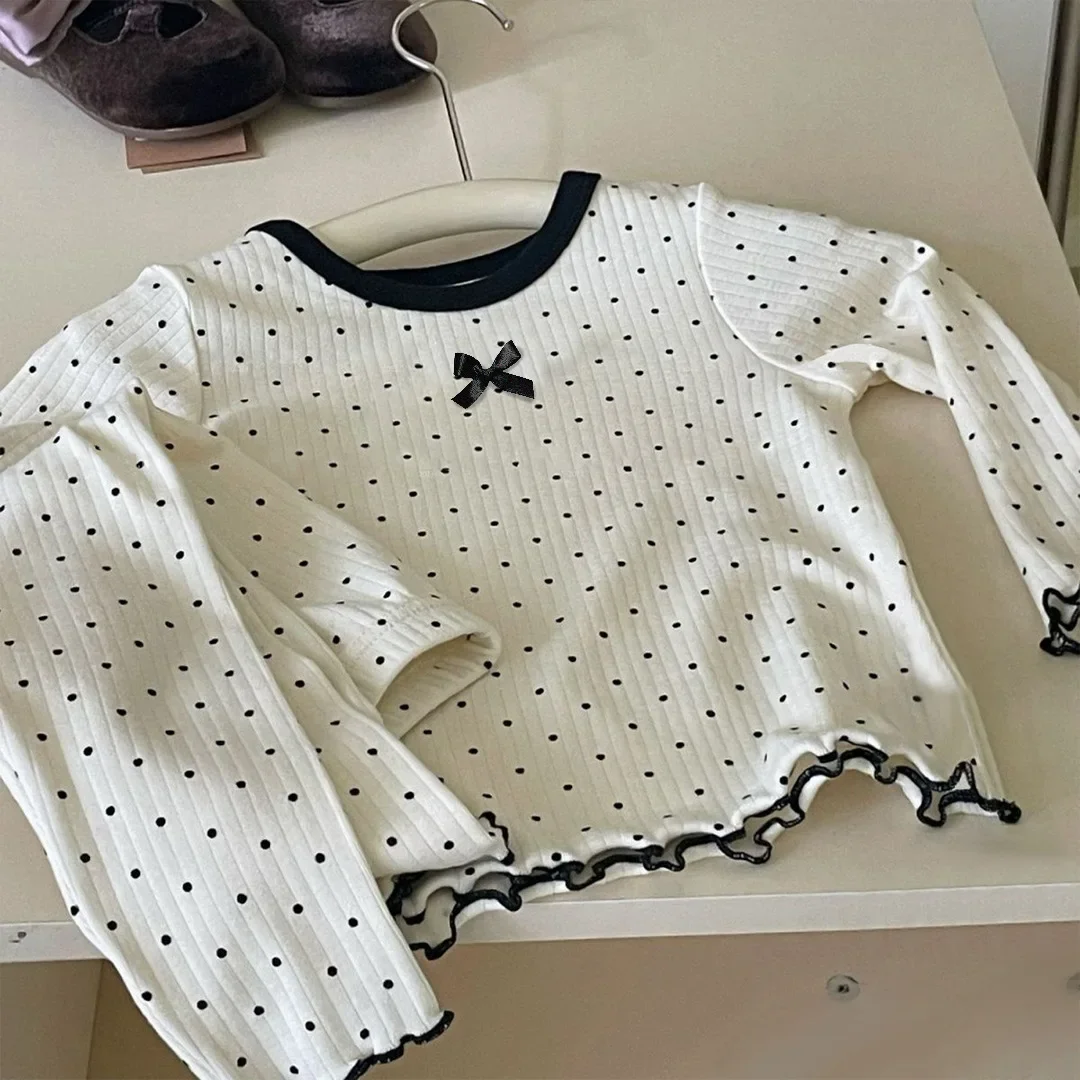 Mädchen Herbst Neuheit Koreanischer Stil Gepunktetes Schleifen-Loungewear-Set Frühling Herbst Baby Mädchen Pyjama Zweiteiliges Set – Detail 5