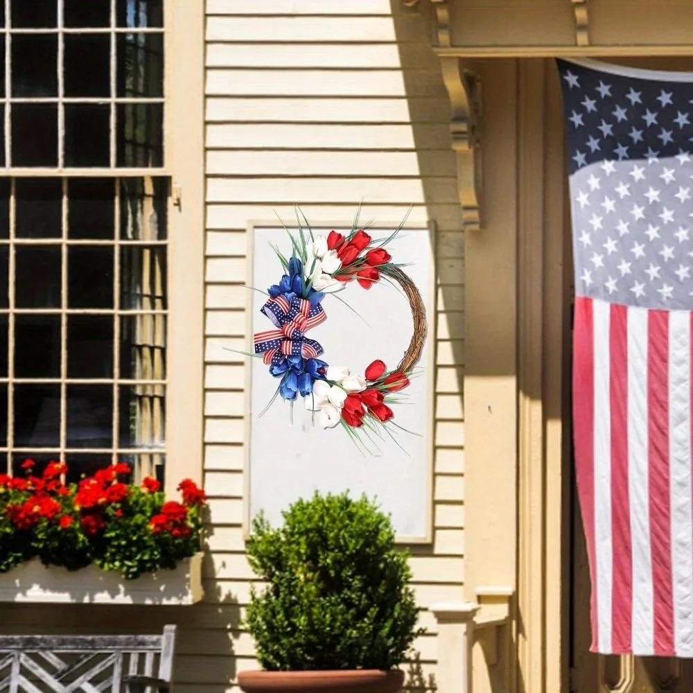 

Americana Flag Red Blue White Tulips Rattan Wreath with Stars and Stripes Bowknot, Patriotic Wreath 4Th of July