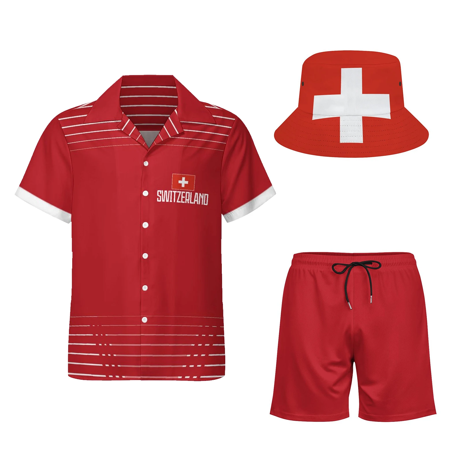 

Men's Switzerland Flag Hawaiian 3PCS Outfit – Summer Shirt, Shorts and Bucket Hat Set for Cruise, Holiday, Casual Wear