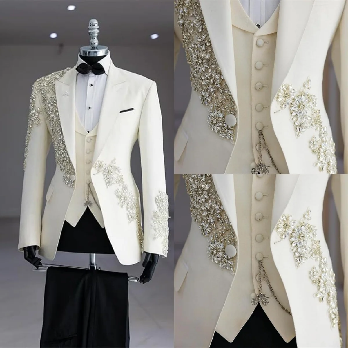 Beige Mens Wedding Tuxedos Heavy Crystal Beading Peaked Lapel Birthday Party Banquet Pants Suits Custom Made 3 Pieces Groom Wear