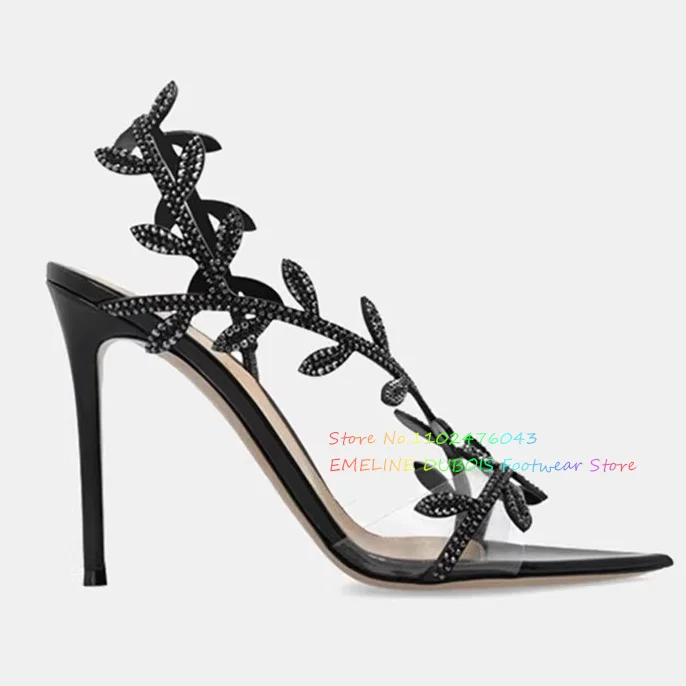 Black Rhinestone Leaf High Heel Sandals Spring and Autumn Pointed Patent Leather Stiletto Heel Slip On Party Dress Shoes