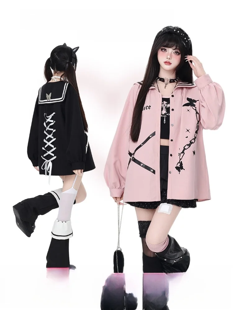 

Темно-синяя женская рубашка с вышивкой, оригинальным воротником, свободного кроя, с длинным рукавом, приятная к телу, дышащая