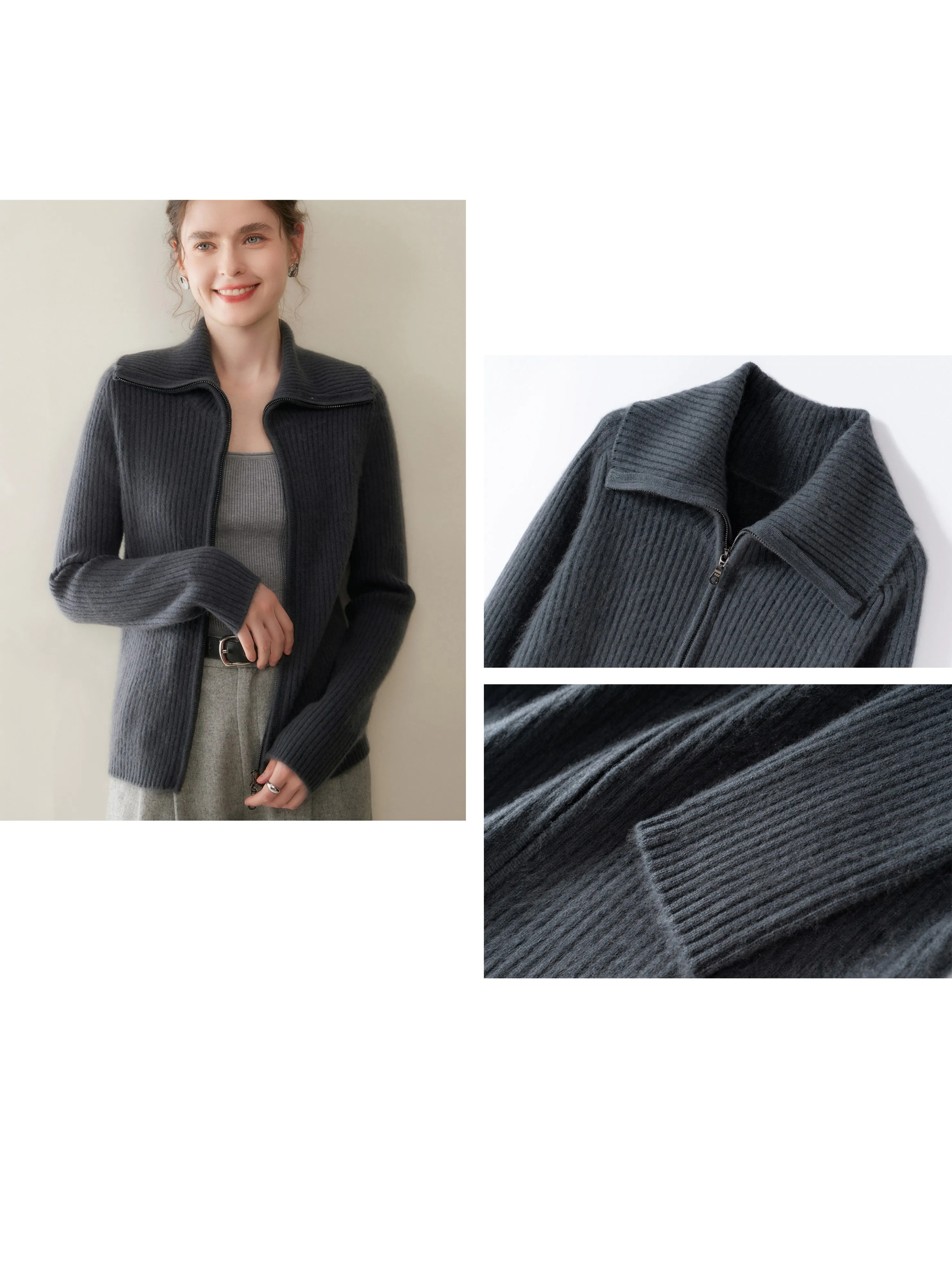 

Простой женский кардиган, свитер из 100% кашемира, вязаный осенне-зимний отложной воротник, однотонная молния, мягкие удобные топы с длинными рукавами