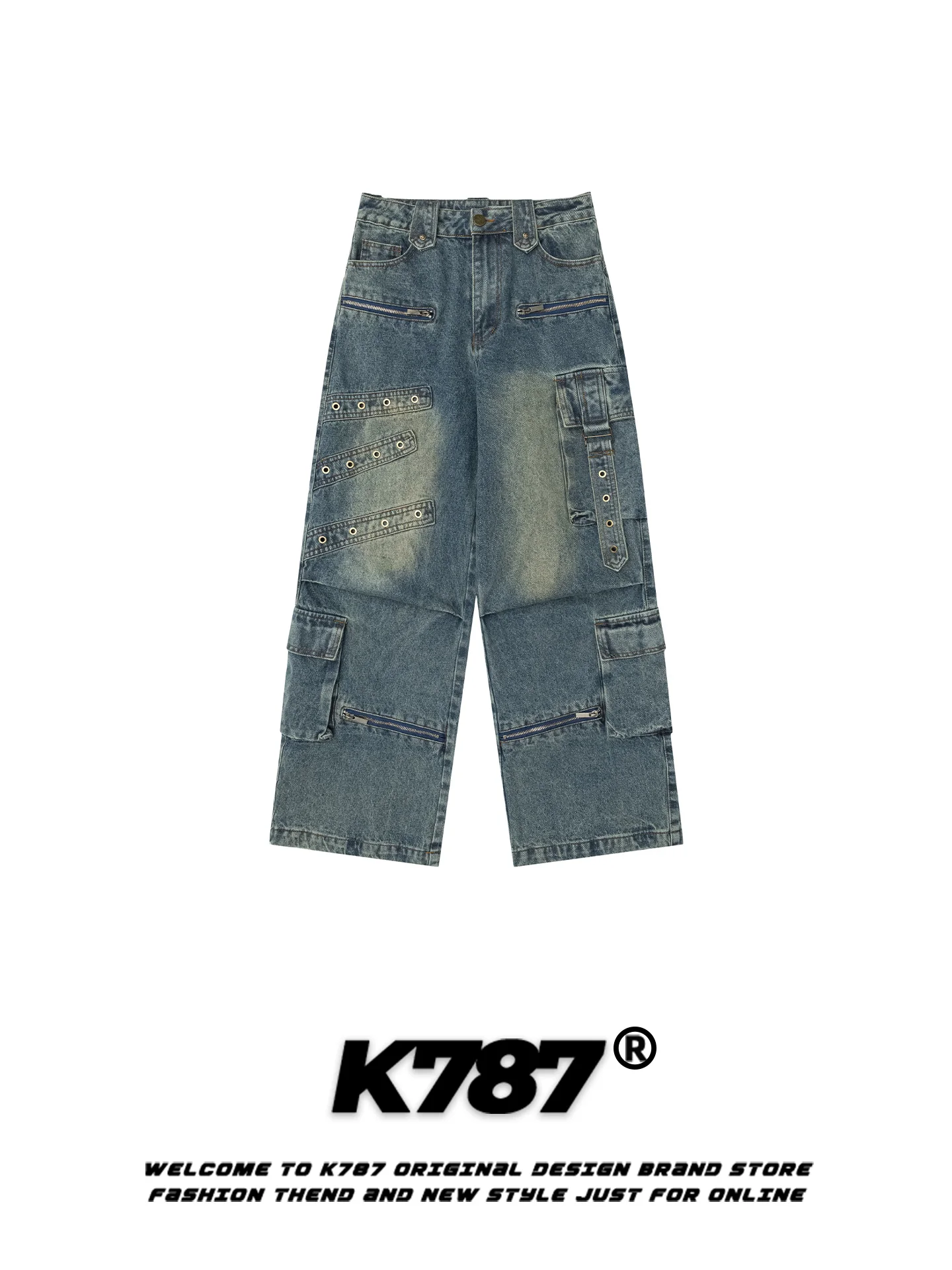 

K787 American Street Sle Multi-ket Workwear Jeans Loose High Waist Straight Leg Wide Leg Long Trousers for Men And Women