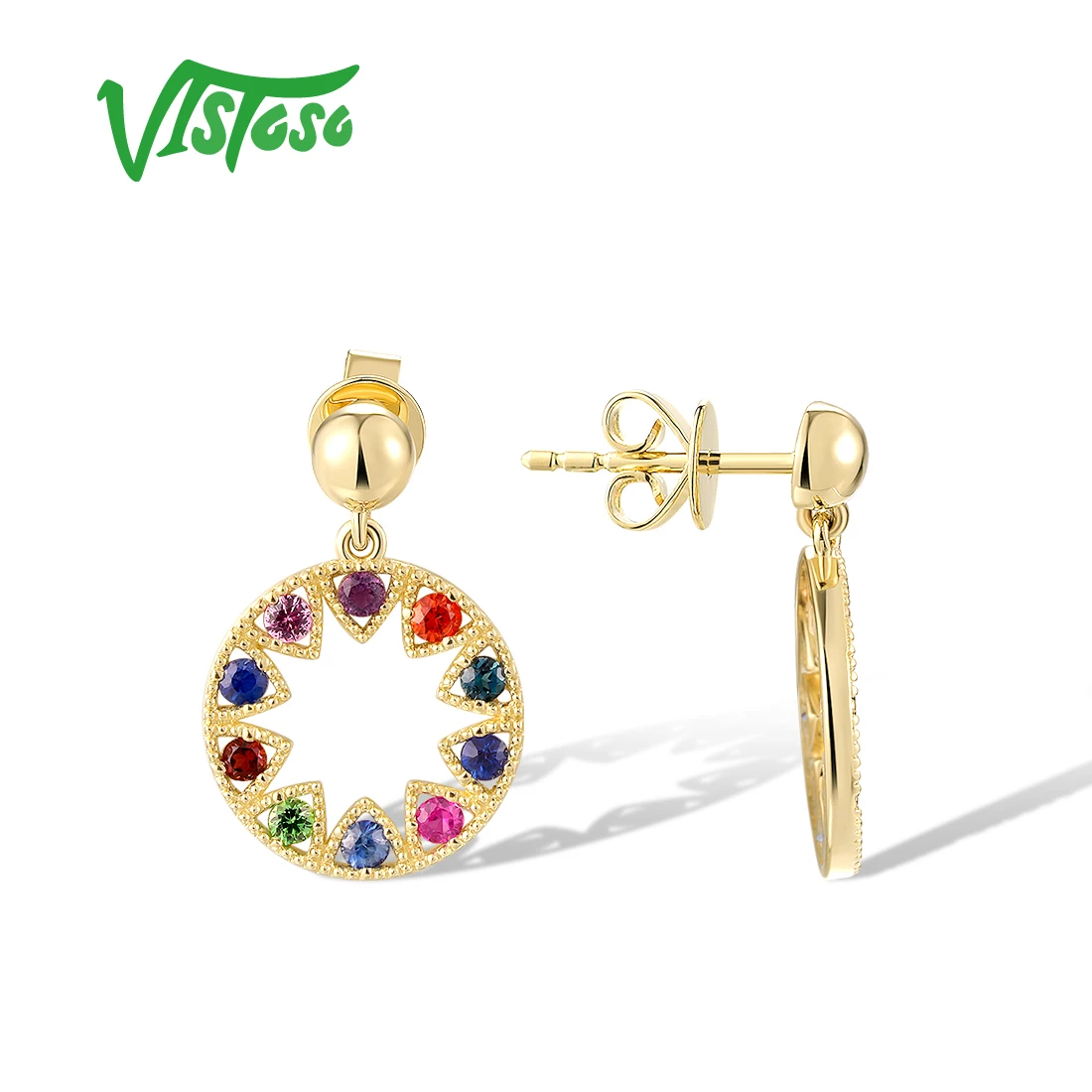 VISTOSO Real 14K 585 Yellow Gold Earrings For Women Sparkling Colorful Gems Dangling Round Exquisite Party Gifts Fine Jewelry