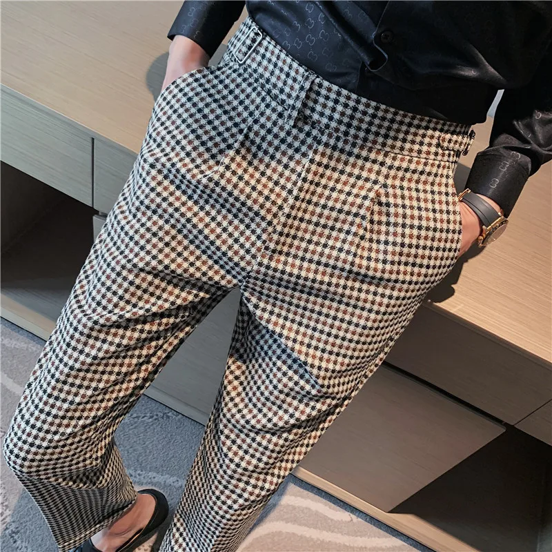 

British Style Fashion Houndstooth Suit Pant Mens High Waist Design Wedding Trousers Formal Slim Fit Casual Office Social Pants