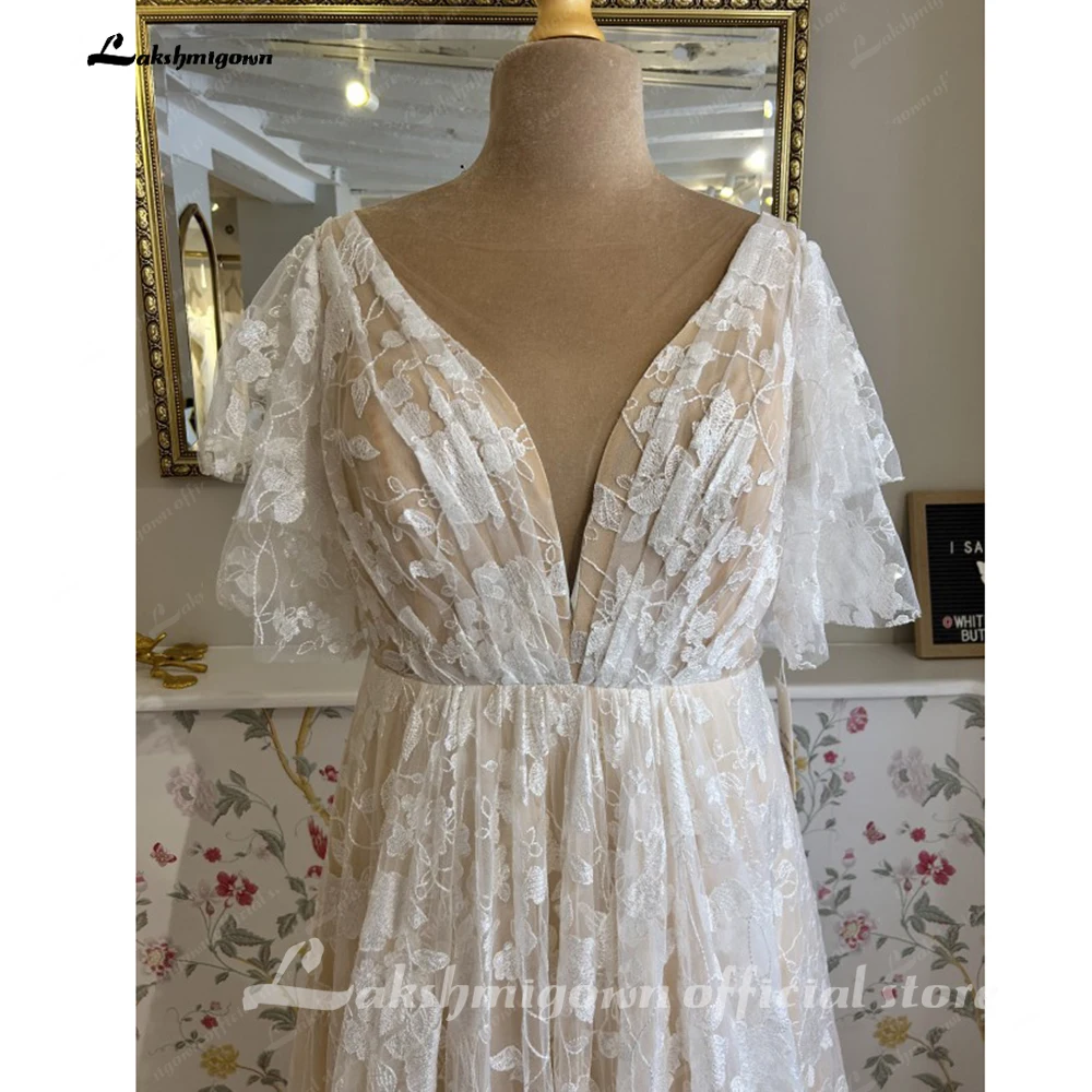 Lakshmigown Champagnerfarbenes Plus-Size-Hochzeitskleid mit abnehmbaren Fledermausärmeln, V-Ausschnitt, Spitze, Hofschleppe, Brautkleid nach Maß – Detail 7